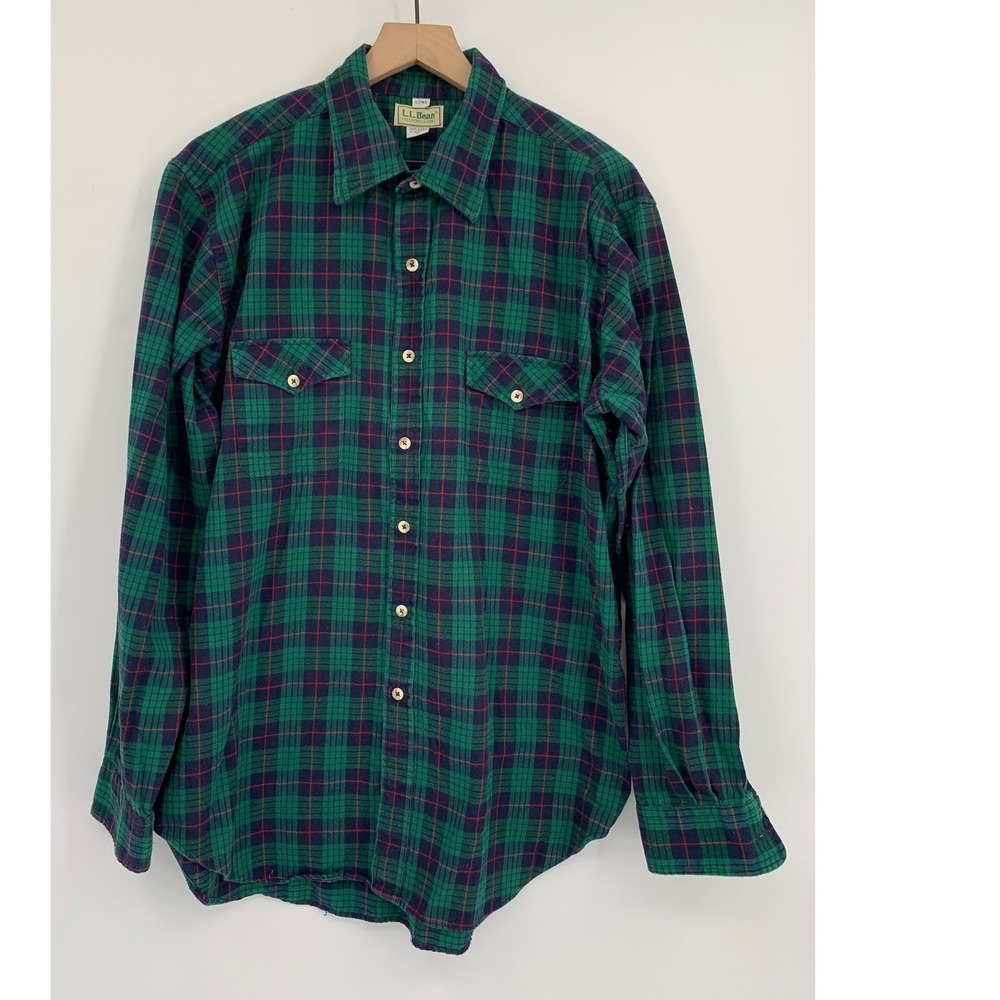 Vintage LL Bean Flannel Shirt Mens XL Long Green Red Plaid Button Made USA